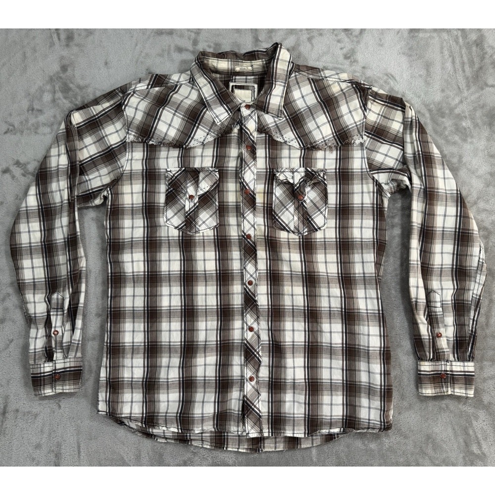 BKE Shirt Mens XL Brown Beige Athletic Fit Western Pearl Snap Chest Pockets